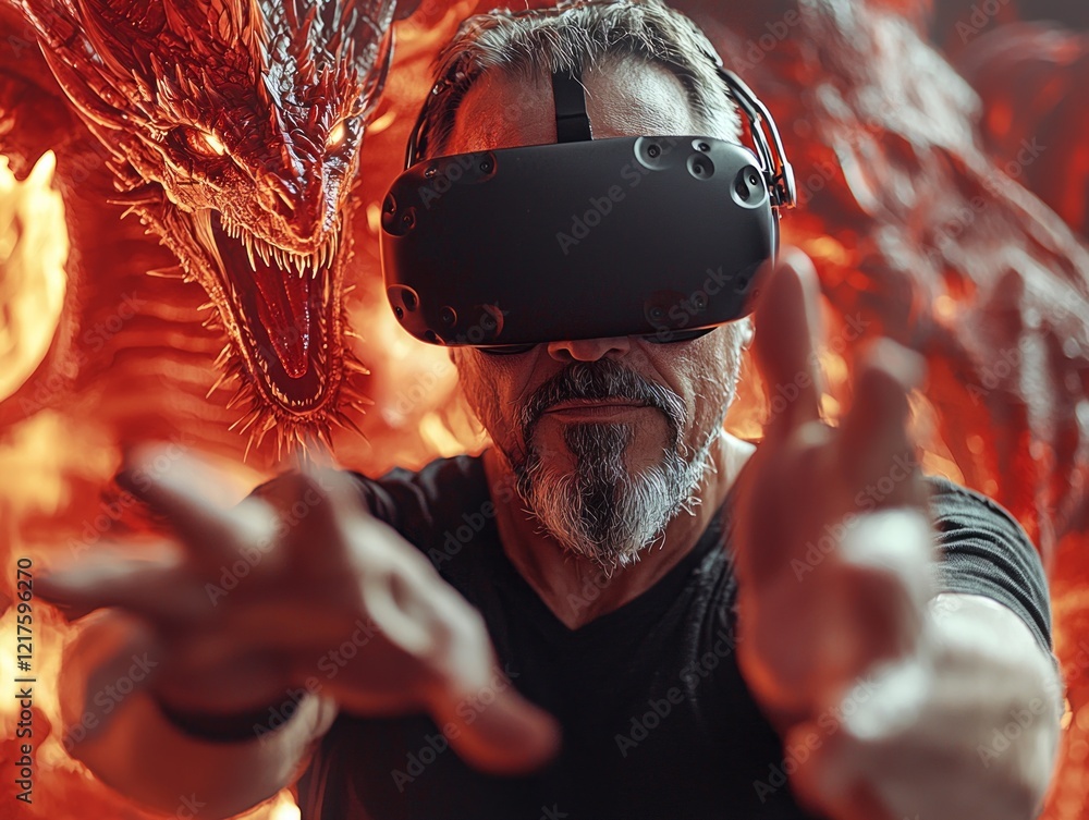 Poster man wearing vr headset is in mid swing motion controller focused on striking dragon. his intense exp