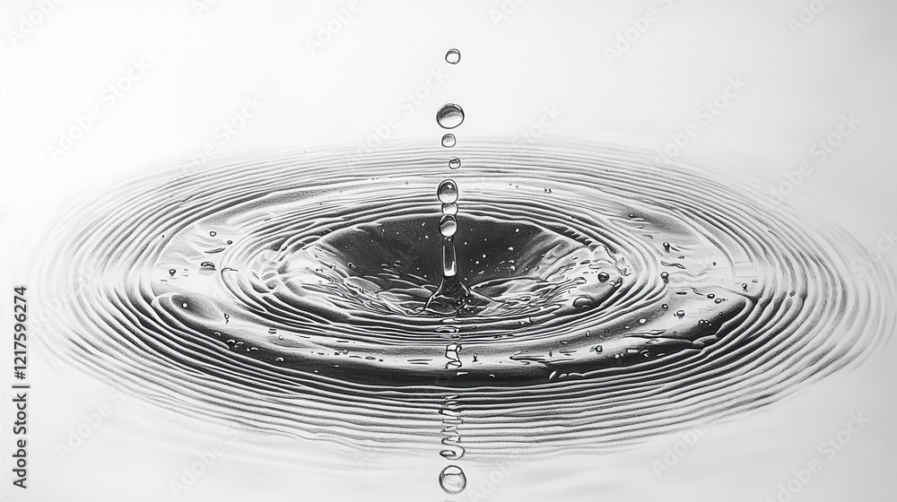Poster water droplet impact, creating concentric ripples and splashes on a calm surface.