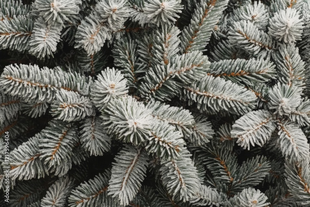 Poster frost-covered spruce branches create a serene winter atmosphere in a lush forest setting