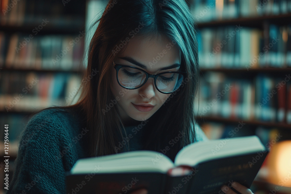 Poster an image of university student is reading a book in library generative ai