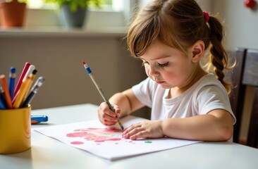 child drawing with crayon, creative child in pink shirt focused on artwork at table with colorful crayons - concept of childhood creativity, artistic expression, joyful drawing session