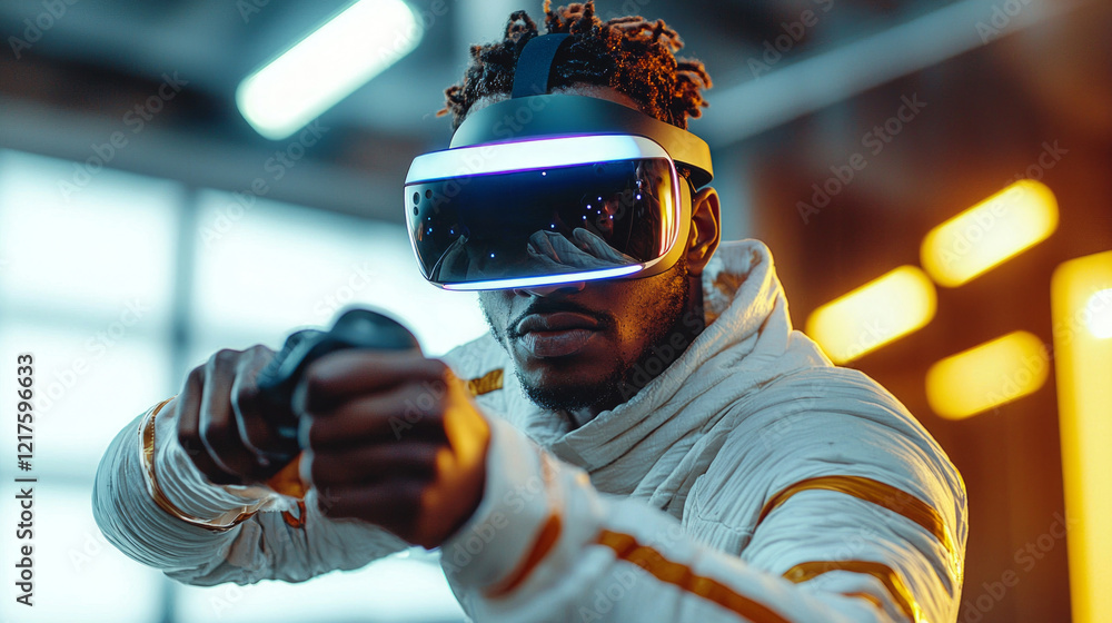 Poster man stands in active posture while wearing vr headset and gripping motion controller ready face imag