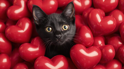 Adorable black cat peeking through red heart cutouts, perfect for Saint Valentine's Day
