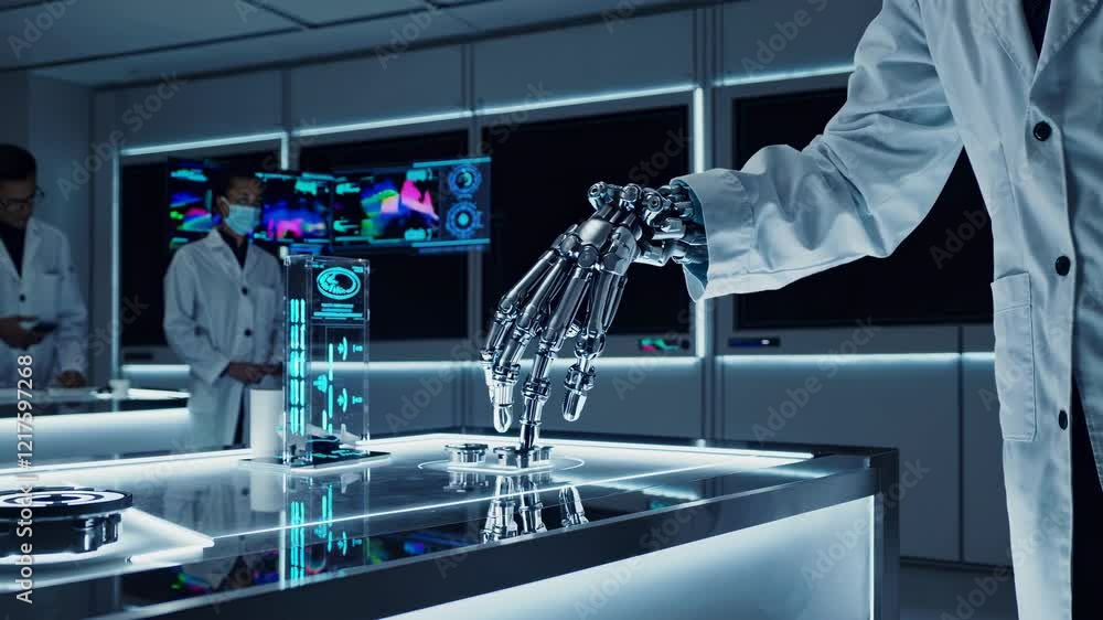Poster advanced robotics research in a high-tech laboratory with scientists observing