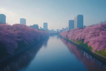 Cherry blossoms in full bloom along a tranquil river in the heart of the city during early spring mornings