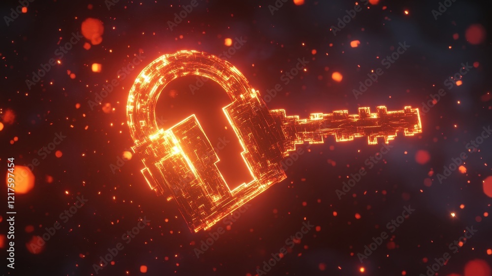 Poster glowing orange padlock and key floating among particles symbolize cybersecurity, emphasizing the imp