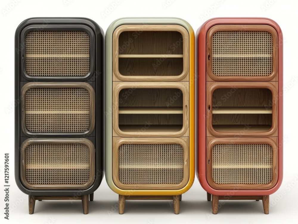 Poster stylish cabinet features wide empty shelves and smooth surfaces in various colors emphasizing minima