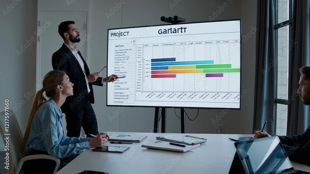 Poster presentation on project management techniques in a modern office setting with engaged participants