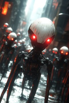 Cybernetic alien drones with glowing red eyes patrolling a dystopian futuristic city street during a cyber invasion

