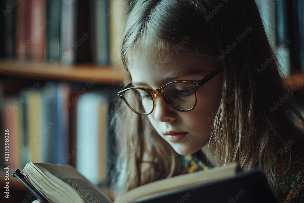 Poster a child is reading a book in library made generative ai