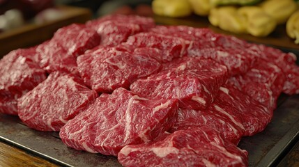 Fototapeta premium Marbled beef steak display butcher shop food urban environment close-up texture highlights