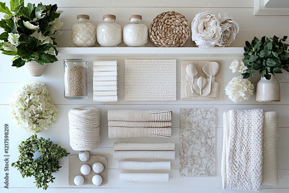Poster stylish arrangement features textured paper marble patterns and soft cotton samples in grid layout. 