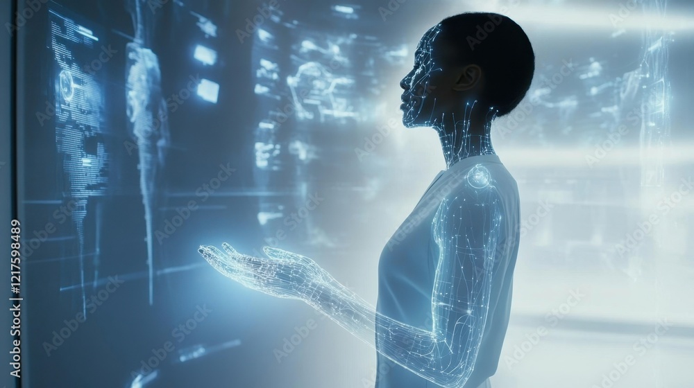 Aufkleber a futuristic health monitoring system represented holographically with patients wearing smart device