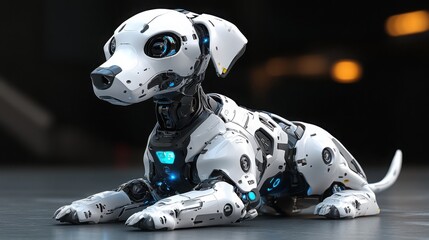 Fototapeta premium Futuristic robotic Dalmatian puppy with a sleek cybernetic exoskeleton and glowing blue energy core sitting on a high-tech surface