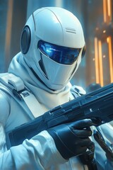 Fototapeta premium Futuristic white-armored soldier holding a tactical weapon in a cyberpunk sci-fi environment