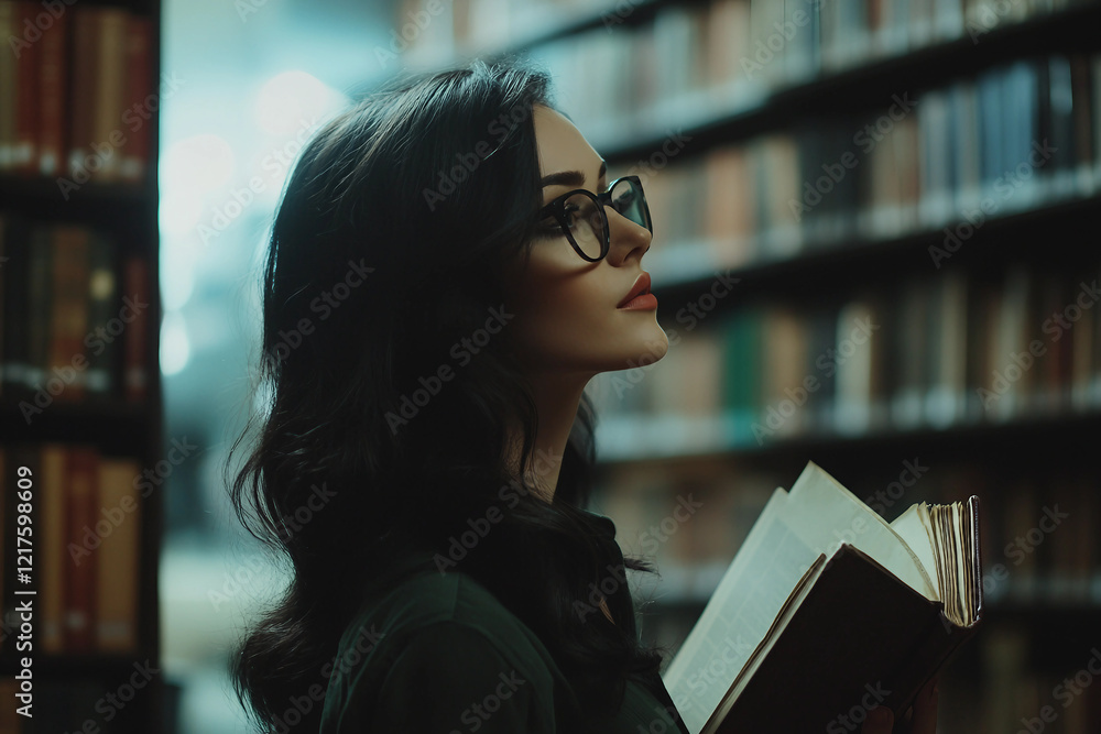 Poster student studying and reading book in library, generative ai