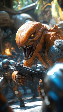 Fierce alien warrior with sharp teeth and tactical armor wielding a futuristic weapon in an intense sci-fi battle

