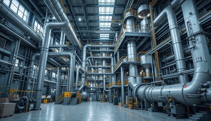 Interior Of Modern Industrial Plant with large metal pipes and complex machinery. The facility features an intricate network of ducts and supports, 8k 