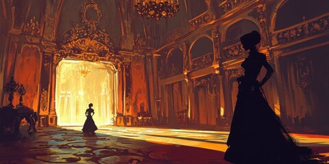 Elegant Women in a Grand Palace Hallway
