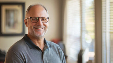 Portrait of a cheerful middle-aged man with glasses, wearing a polo shirt, standing in his home office, looking warmly into the camera