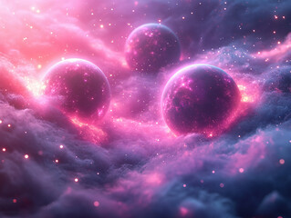 Abstract cosmic art, surreal representation of galaxies and stars, vibrant neon colors (pink, purple, blue), glowing geometric shapes (spheres, triangles), fluid textures blending with cosmic elements