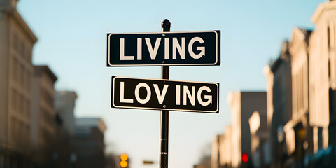 Street sign with 'Living' and 'Loving' inscribed, set against a blurred backdrop of urban architecture.  A conceptual image about life and love.