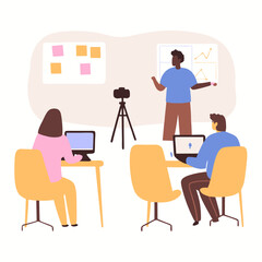 Fototapeta premium Illustration of a business presentation with diverse people engaged in a meeting using laptops