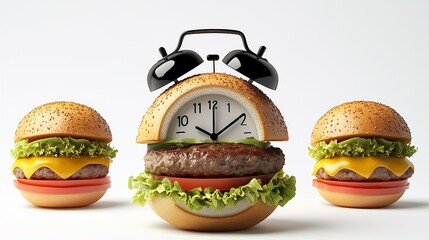 Creative Food Art: Burgers with Alarm Clock Faces and Cheese, Lettuce, Tomato, and Sesame Seed Buns