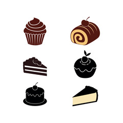 delicious cup chocolate cheese birthday cream cake hot dog  pudding and bakery baked food item silhouette icon collection set vector art flat design illustrations