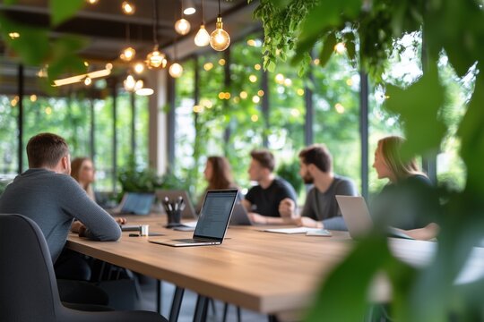 Creative workspace with diverse young professionals brainstorming in a green and sustainable office space. Modern business and collaboration concept.