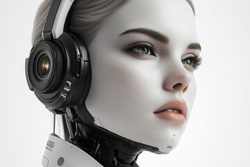 Close-up portrait of a futuristic humanoid female robot with cybernetic enhancements

