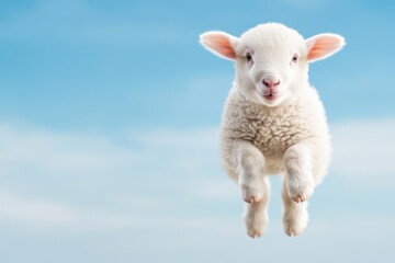 Obraz premium Playful lamb leaping in bright blue sky animal photography joyful environment captivating perspective