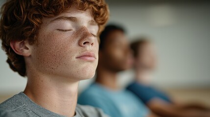 Fototapeta premium A calm group of young individuals practicing mindfulness or meditation, with one boy in the foreground deeply focused and relaxed.