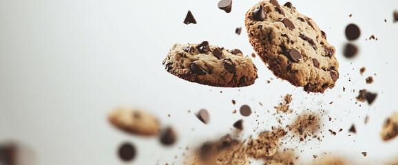 Floating Chocolate Chip Cookies with Crumbs and Chips on Light Background