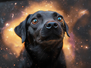 Black Labrador in a Nebula – Cosmic Dog Portrait with a Dreamy Atmosphere