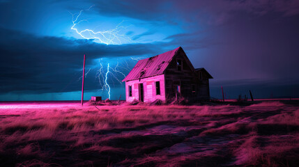 Abandoned Farmhouse Under a Dramatic Neon Storm