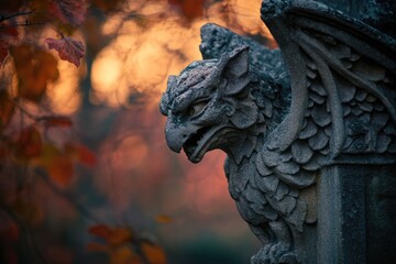 A weathered stone gargoyle perches on a column, bathed in the warm glow of an autumn sunset.