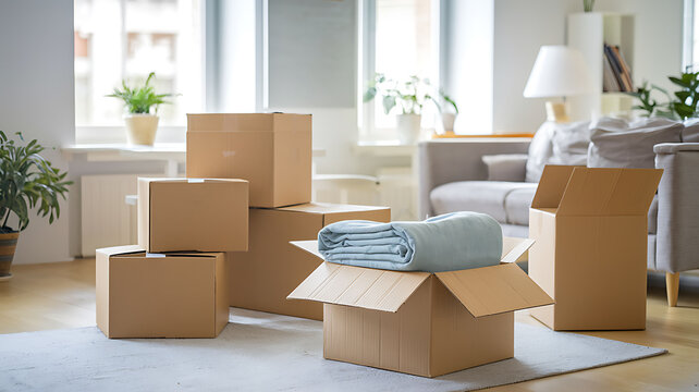 Moving boxes in modern living room with natural light, symbolizing housewarming
