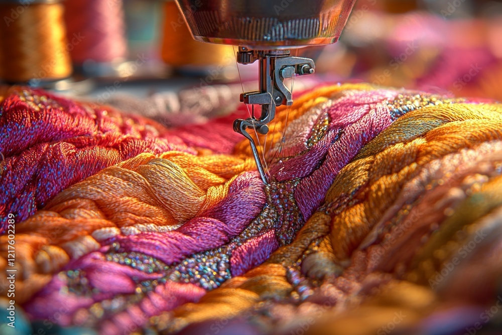 Poster sewing machine is expertly stitching colorful piece of fabric. needle is in motion vibrant spools of