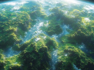 Lush green planet in outer space, covered with dense forests and glowing blue rivers, futuristic eco-friendly space station orbiting nearby, soft cosmic lighting, ultra-detailed textures of foliage an