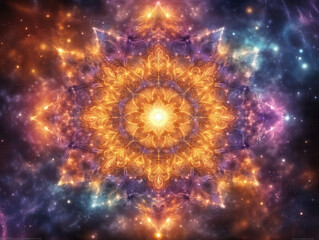Mandala made of glowing stars and cosmic dust, symmetrical cosmic design, radiant light in the center, intricate circular patterns, vibrant colors (gold, teal, purple, white)