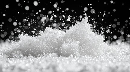 White crystals splashing against black background.