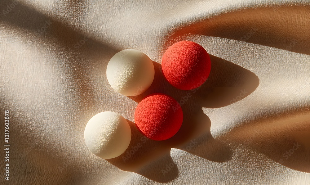 Poster four textured balls on a soft beige fabric with sunlight casting deep shadows creating an abstract s
