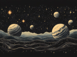Minimalist space illustration, simple line art of planets and stars, monochrome palette (black and white, gold accents), clean and elegant composition, modern flat design