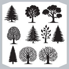 Comprehensive Set of Black Tree Silhouettes Oak Maple Pine of Iconic Trees