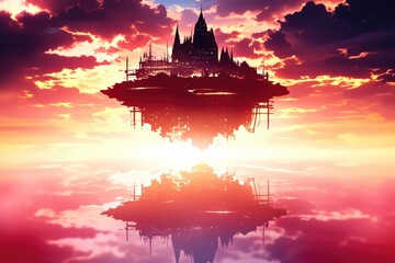 Obraz premium Floating City Silhouette Reflected In Sunset Sky