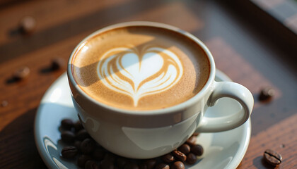 coffee cup with latte art and coffee beans on wooden table
