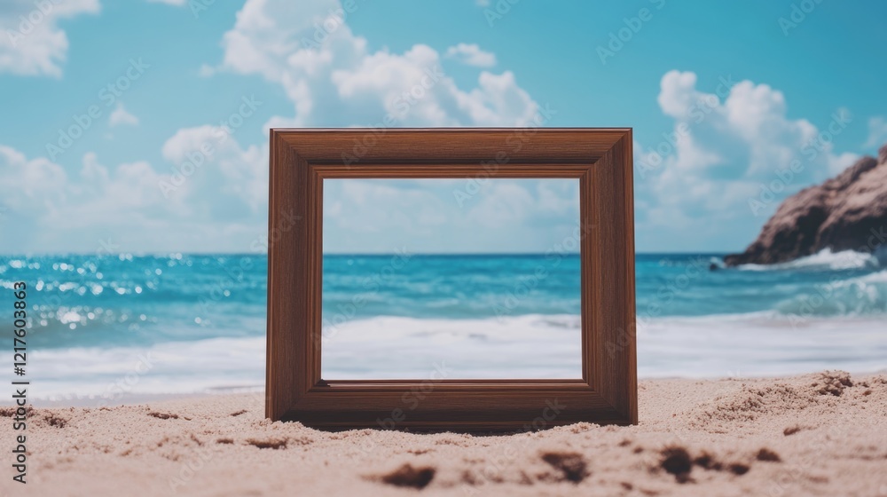 Poster empty wooden picture frame on sandy beach with ocean waves and clouds in background copy space