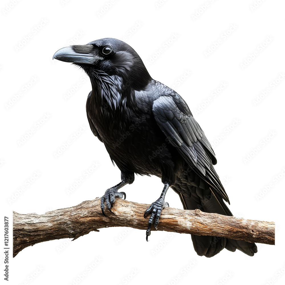 Poster a raven perched on a branch against a transparent background, showcasing its sleek feathers and shar