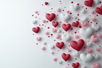 Heart shapes in various colors scattered across a white background create a festive and romantic atmosphere for any celebration